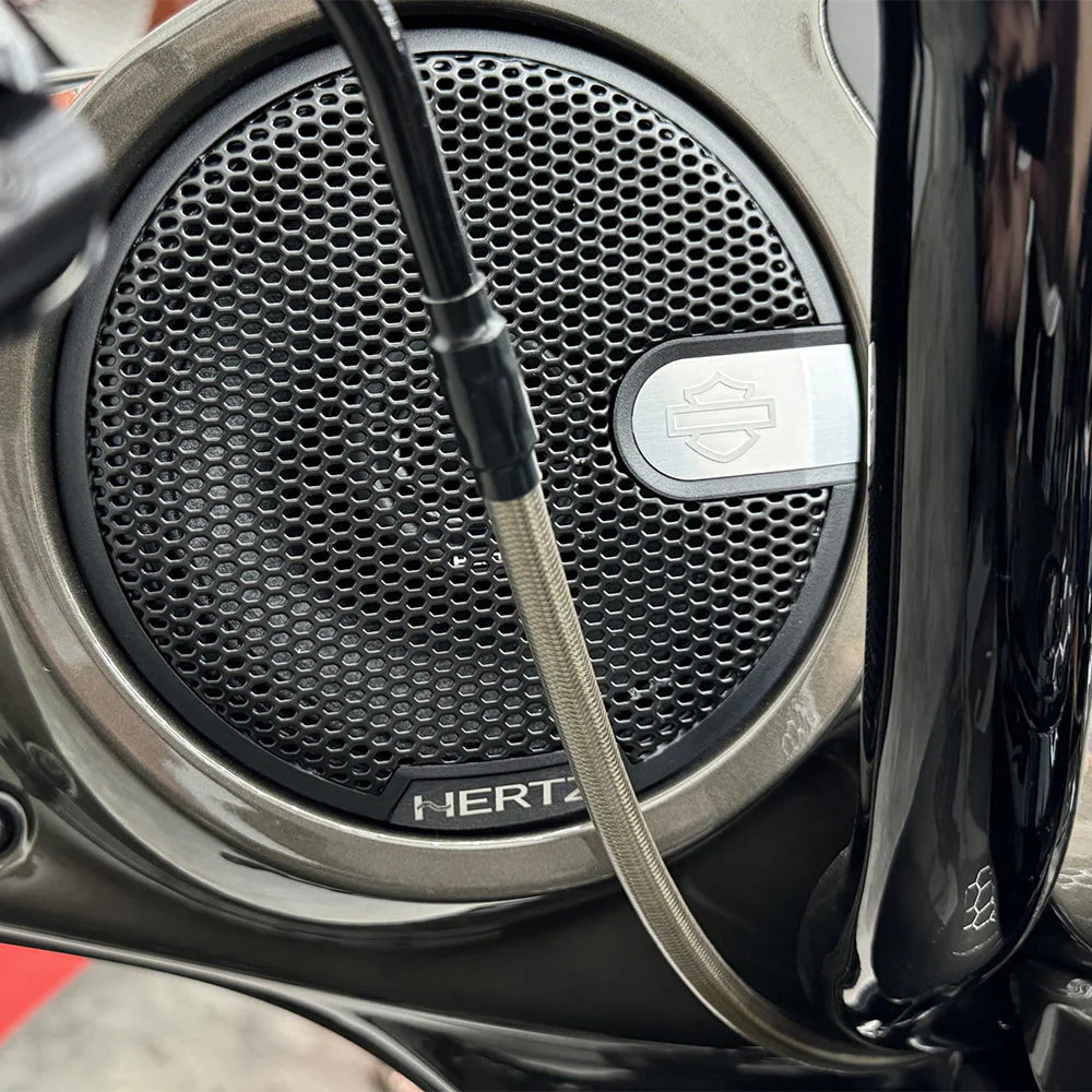 HogBadge Hertz Logos with Silver Text for 2021-2023 CVO Street Glide Factory Front Speaker Grilles Only - Image 3